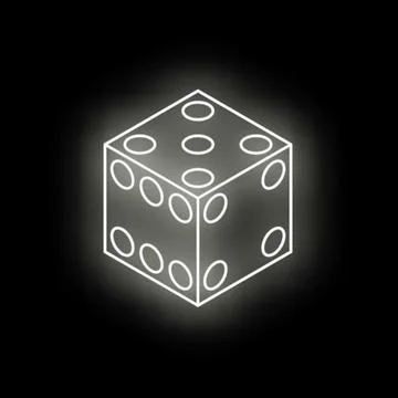 White neon dice glowing on black background Stock Illustration