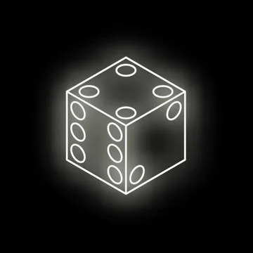 White neon dice glowing on black background Stock Illustration