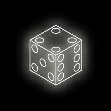 White neon dice glowing on black background Stock Illustration