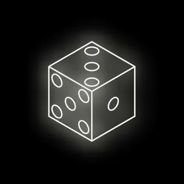 White neon dice glowing on black background Stock Illustration