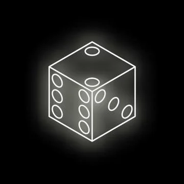 White neon dice glowing on black background Stock Illustration