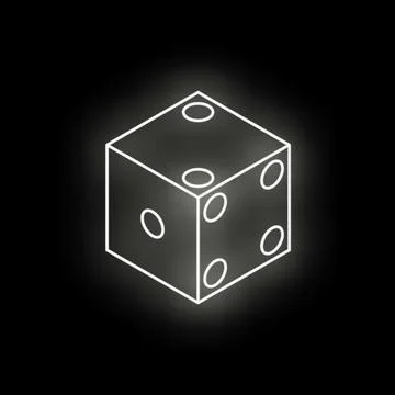 White neon dice glowing on black background Stock Illustration