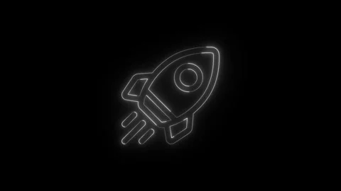 A white neon glowing rocket icon appears then hovers and pulsates in the ce.. Stock Footage 345549385