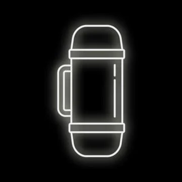 White neon glowing thermal flask icon line art Stock Illustration