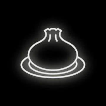 White neon icon of a soup dumpling, glowing on a black background Stock Illustration