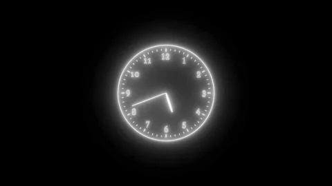 White neon light analog clock isolated on black background 1 Stock Illustration