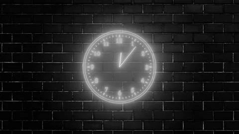 White neon light analog clock isolated on wall background Stock Illustration