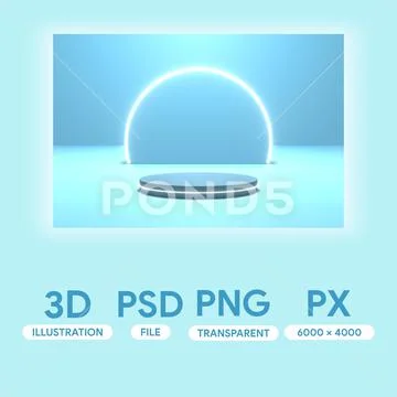 White neon light with podium blue scene 3d illustration rendering in blue psd Modello PSD