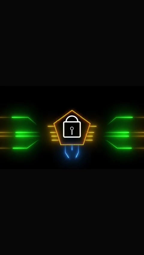 White Neon Lock Icon Inside a Glowing Pentagon with Yellow Circuitry Lines .. Stock Footage 337459877
