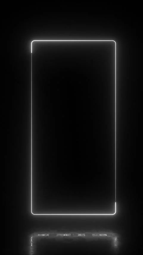 White neon rectangle frame glowing on vertical dark background with reflection Video stock 337026057
