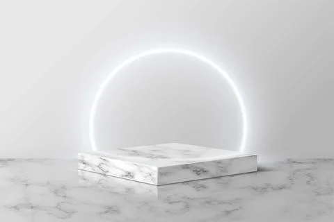 White neon ring on gray marble square for product. 3d pedestal in stone pattern Illustrazione stock