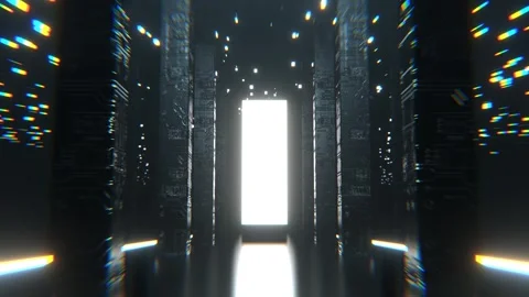 White Neon Sci-Fi Hall with Tall Columns and Portal Background VJ Loop l 4K Stock Footage 301885950