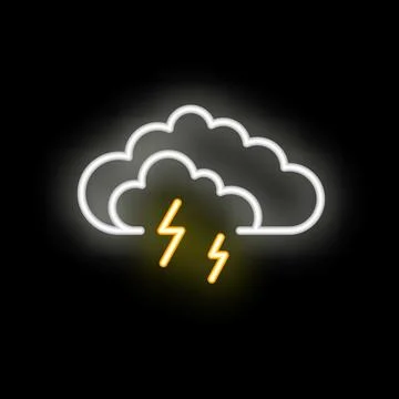 White neon sign of storm cloud with lightning on black background Stock Illustration