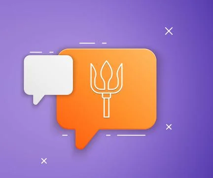 White Neptune Trident icon isolated on purple background. Orange speech bub.. Stock Illustration