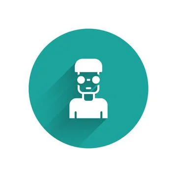 White Nerd geek icon isolated with long shadow. Green circle button. Vector Illustrazione stock