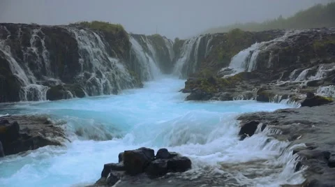 White nights view of unique waterfall -  Bruarfoss, Iceland, Europe. Stock Footage 67097100
