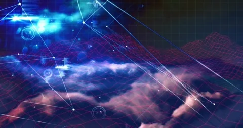 White node appearing initiating data mapping as beams pulsing over moving clouds Video stock 330479346