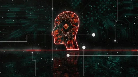 White node appearing on left gliding under neon head silhouette ascending lines Stock Footage 310438641