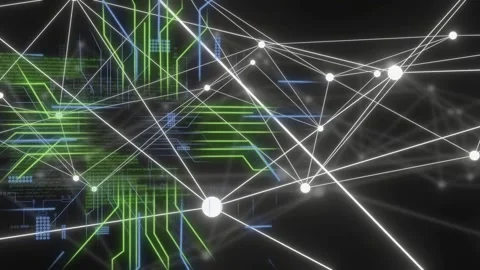 White node web appearing, network pulsing and expanding as neon circuits and Stock Footage 334337590