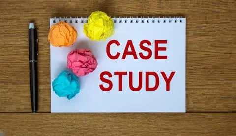 White note with inscription 'case study' on beautiful wooden table, colored p Stock Photos