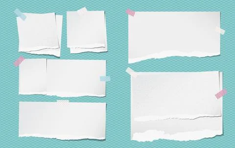 White note, notebook grainy paper pieces with torn edge stuck on squared blue Illustrazione stock