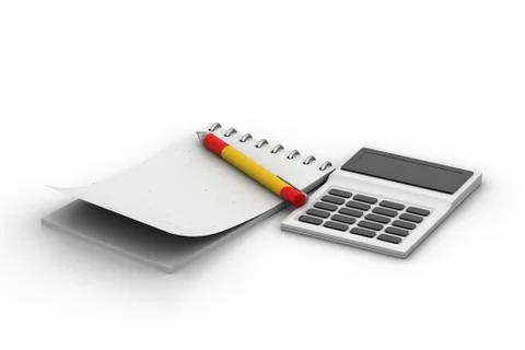 White note pad with pen and calculator Free Stock Illustration