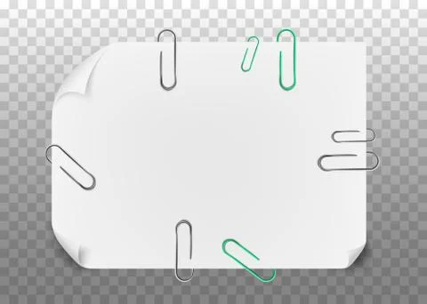 White note paper with paperclips realistic vector illustration isolated. Illustrazione stock