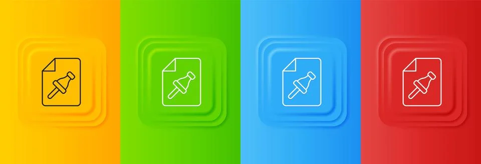 White Note paper with pinned pushbutton icon isolated on colorful backgroun.. Stock Illustration