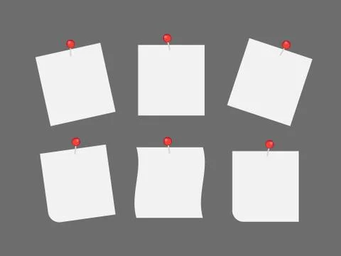 White note papers with thumbtacks vector icons. Blank paper notices Stock Illustration