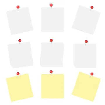 White note papers with thumbtacks vector icons. Blank paper notices Stock Illustration