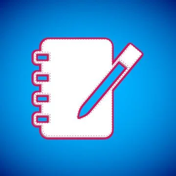 White Notebook icon isolated on blue background. Spiral notepad icon. Schoo.. Stock Illustration