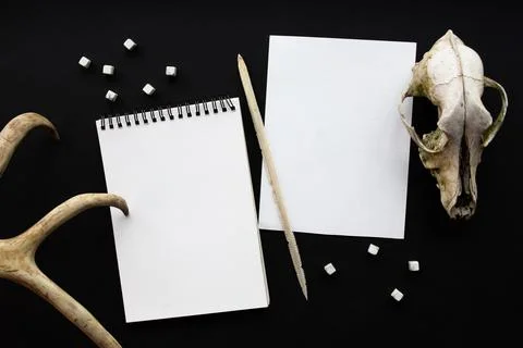 White notebook mockup template on black background with magical mysterious mood. Stock Photos