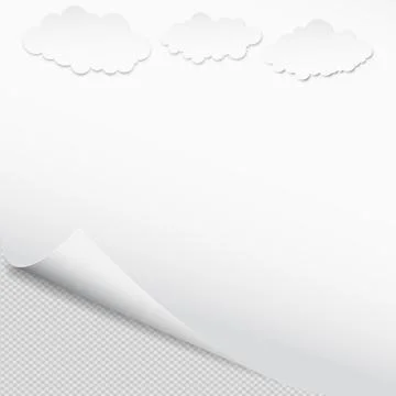 White notebook paper with curled corner with clouds for text or advertising Stock Illustration