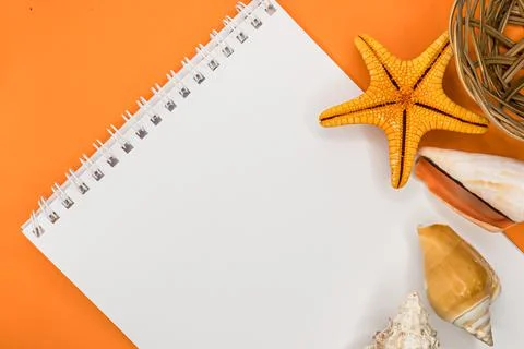 White notepad with no text. Empty space for text. Beautiful colors. Shells Stock Photos