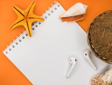 White notepad with no text. Empty space for text. Beautiful colors. Shells Stock Photos