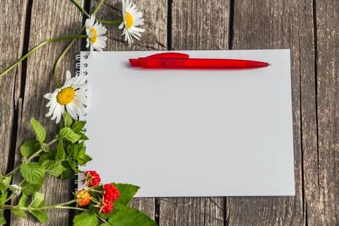 A white notepad with a white spring with a red ball-point pen lies on a rough Stock Photos