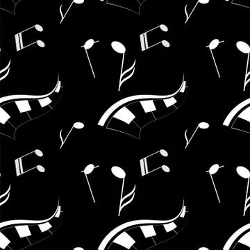 White notes and piano keys on a black background. Stock Illustration