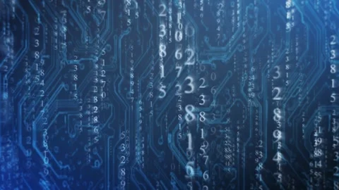 White numbers falling like rain on blue circuit board Stock Footage 306580608