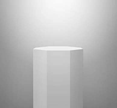 White octagon empty cylinder shape, 3d exhibit displays. Spotlight illuminate Stock Photos
