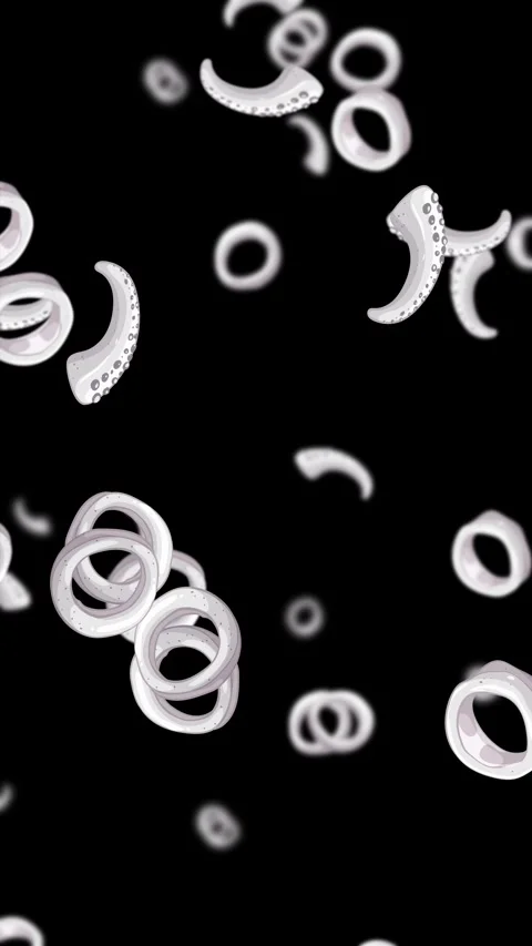 White Octopus Tentacle Rings Falling on Black Background Stock Footage 326020969