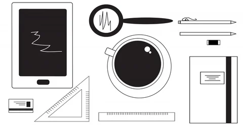 White office desk, 2D top view with a lot of business things and the cup of coff Stock Footage 74994474