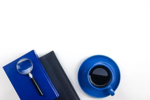 White Office desk table with computer, pen and a cup of coffee, lot of thin.. Stock Photos