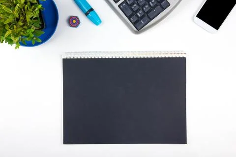 White Office desk table with computer, pen and a cup of coffee, lot of thin.. Stock Photos