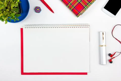 White Office desk table with computer, pen and a cup of coffee, lot of thin.. Stock Photos