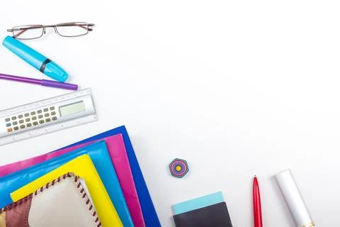 White Office desk table with computer, pen and a cup of coffee, lot of thin.. Stock Photos