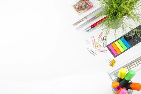 White Office desk table with computer, pen and a cup of coffee, lot of thin.. Stock Photos