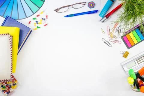 White Office desk table with computer, pen and a cup of coffee, lot of thin.. Foto stock