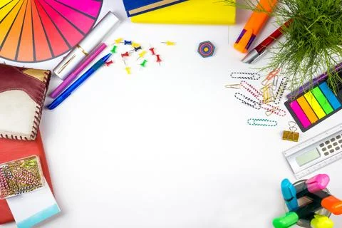 White Office desk table with computer, pen and a cup of coffee, lot of things Stock Photos