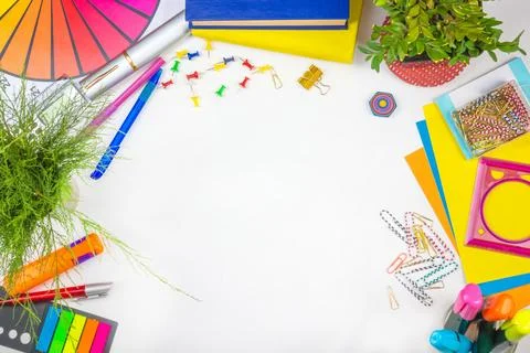 White Office desk table with computer, pen and a cup of coffee, lot of thin.. Stockfoto's