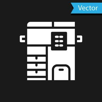White Office multifunction printer copy machine icon isolated on black Stock Illustration